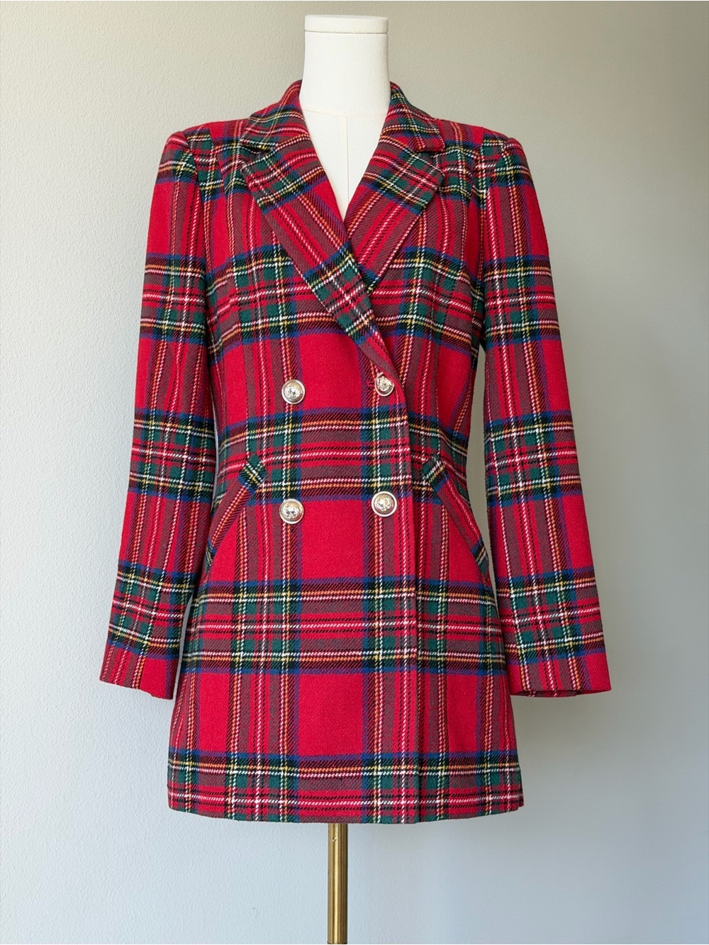 Venus Red Tartan Plaid Fitted Double-Breasted Longline Blazer Jacket - 8 - Picture 2 of 15